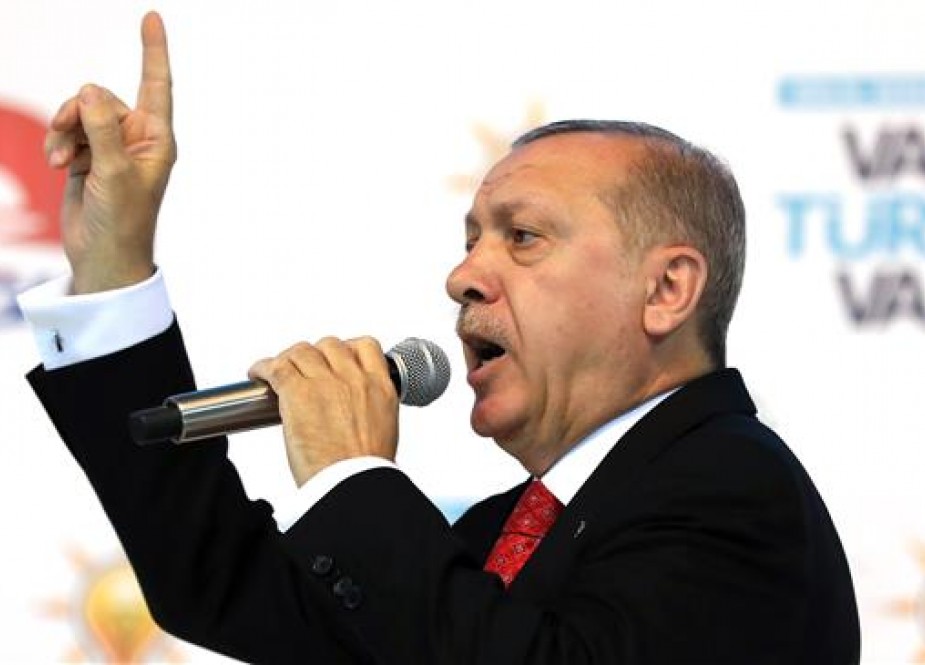 Turkish President Tayyip Erdogan announces his ruling AK Party’s manifesto for the next month’s elections in Ankara, Turkey, on May 24, 2018. (Photo by AFP)