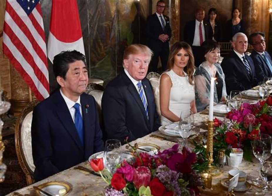 US President Donald Trump and First Lady Melania Trump (3nd R) and Japan