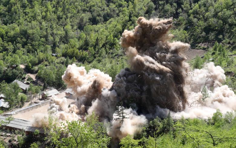 A command post of Punggye-ri nuclear test ground is blown up during the dismantlement process in Punggye-ri, North Hamgyong Province, North Korea May 24, 2018. North Korea announced it had completely dismantled its Punggye-ri nuclear test facility 