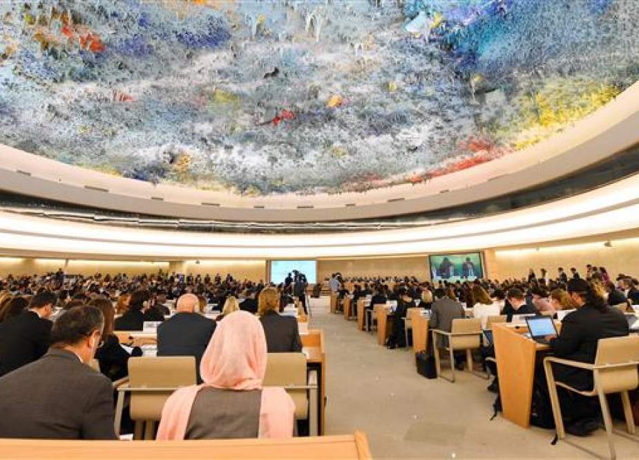A picture taken on June 18, 2018 in Geneva shows a general view during the opening of the 38th session of the United Nations Human Rights Council. (Photo by AFP)