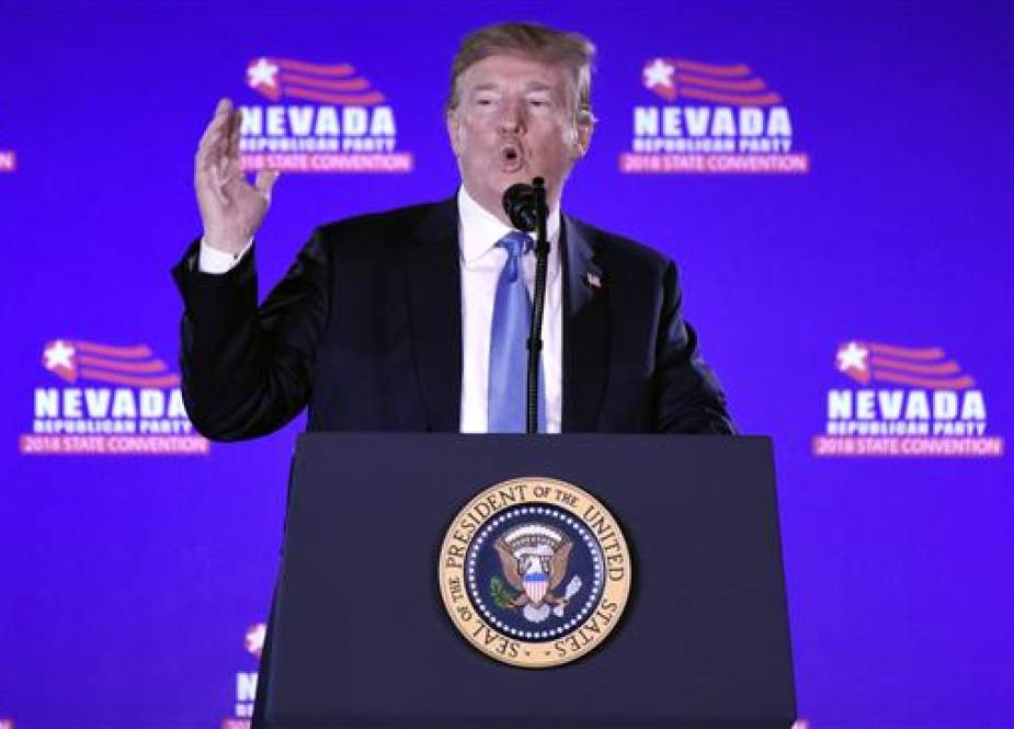 US President Donald Trump addresses the Nevada Republican Party Convention at the Suncoast Hotel & Casino in Las Vegas, Nevada, on June 23, 2018. (Photo by AFP)