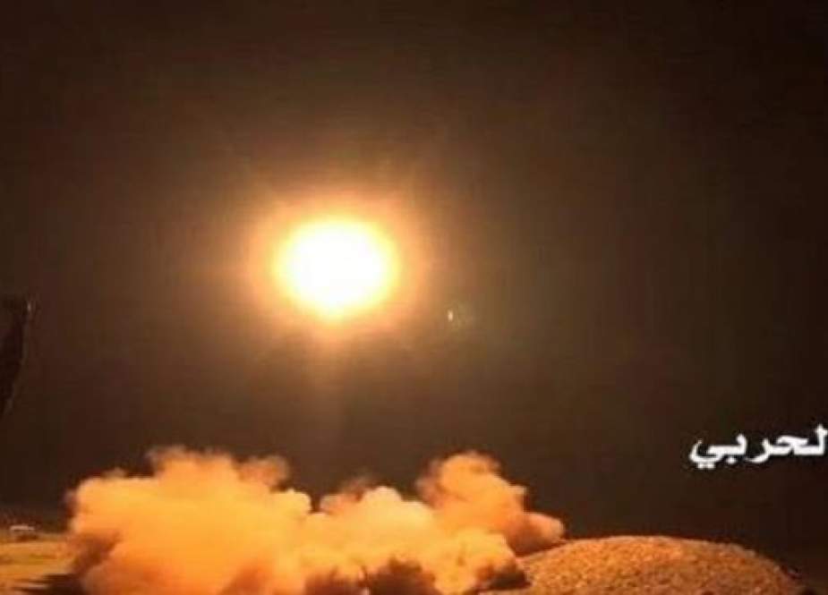 A photo distributed by the Houthi Military Media Unit shows the launch by Houthi forces of a ballistic missile aimed at Saudi Arabia.