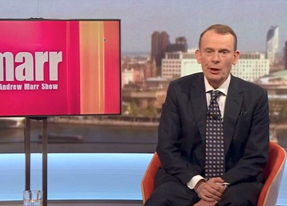 Andrew Marr during filming for the BBC1 current affairs program, The Andrew Marr Show