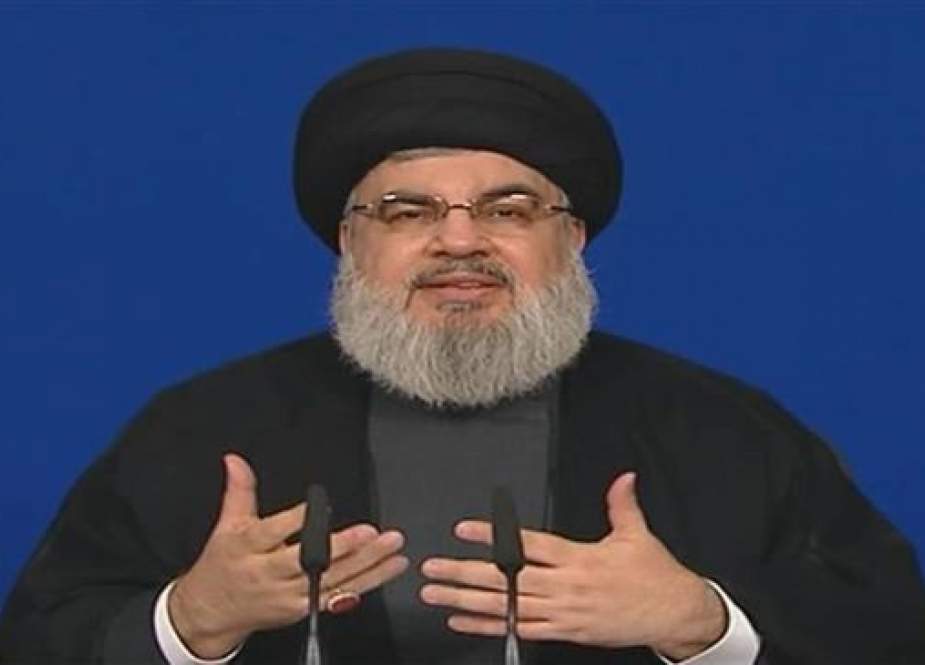 The secretary general of the Lebanese Hezbollah resistance movement, Sayyed Hassan Nasrallah, addresses his supporters via a televised speech broadcast from the Lebanese capital city of Beirut on June 29, 2018.