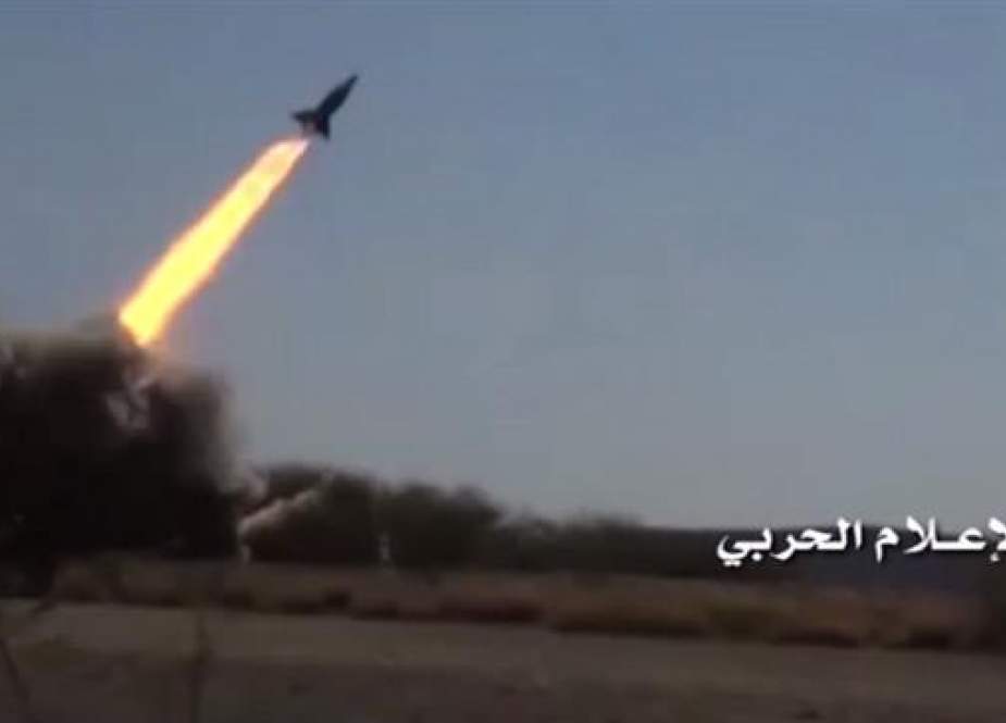 The undated photo, provided by the media bureau of Yemen’s Operations Command, shows a Yemeni missile shortly after launch.