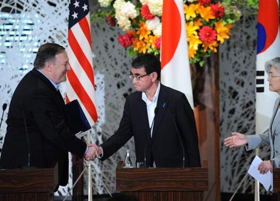 US Secretary of State Mike Pompeo (L), Japan’s Foreign Minister Taro Kono (C), and South Korean Foreign Minister Kang Kyung-wha (R) are seen at the end of a joint press conference in Tokyo, Japan, on July 08, 2018. (Photo by Reuters)