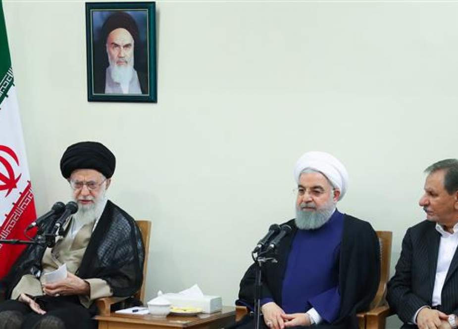 Leader of the Islamic Revolution Ayatollah Seyyed Ali Khamenei addresses a meeting with Iranian President Hassan Rouhani (C) and his cabinet in Tehran on July 15, 2018. Iranian First Vice President Es