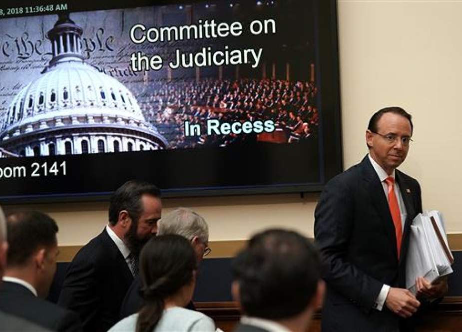 US Deputy Attorney General Rod Rosenstein leaves for a break during a hearing before the House Judiciary Committee June 28, 2018 on Capitol Hill in Washington, DC. (AFP photo)