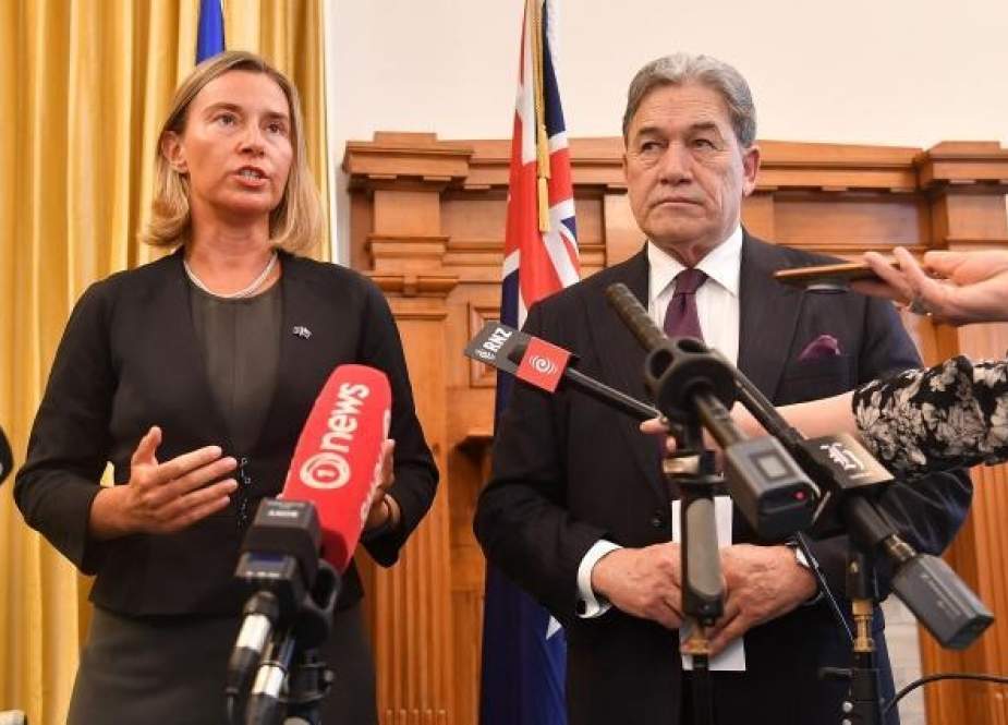 European Union (EU) foreign policy chief Federica Mogherini (L) and New Zealand’s Deputy Prime Minister and Foreign Minister Winston Peters address a press conference after their meeting at the parliament in Wellington, New Zealand, on August 7, 2018. (Photo by AP)