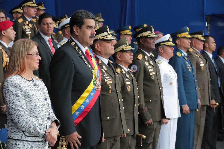 Venezuela's President Nicolas Maduro and his wife Cilia Flores attend a military event in Caracas, August 4, 2018. Miraflores Palace.