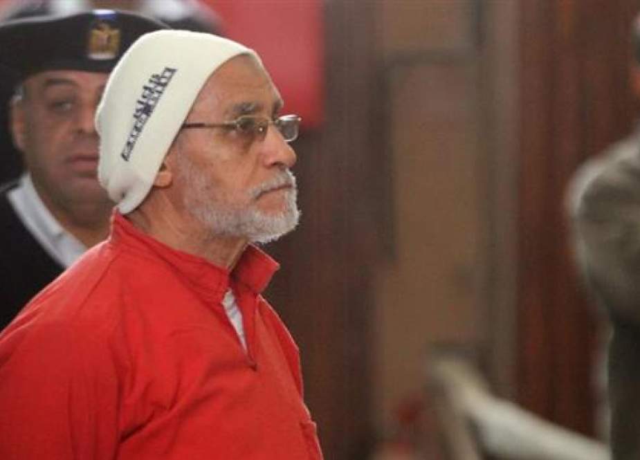 The undated photo shows Egypt’s Muslim Brotherhood Supreme Guide Mohammed Badie in prison uniform.
