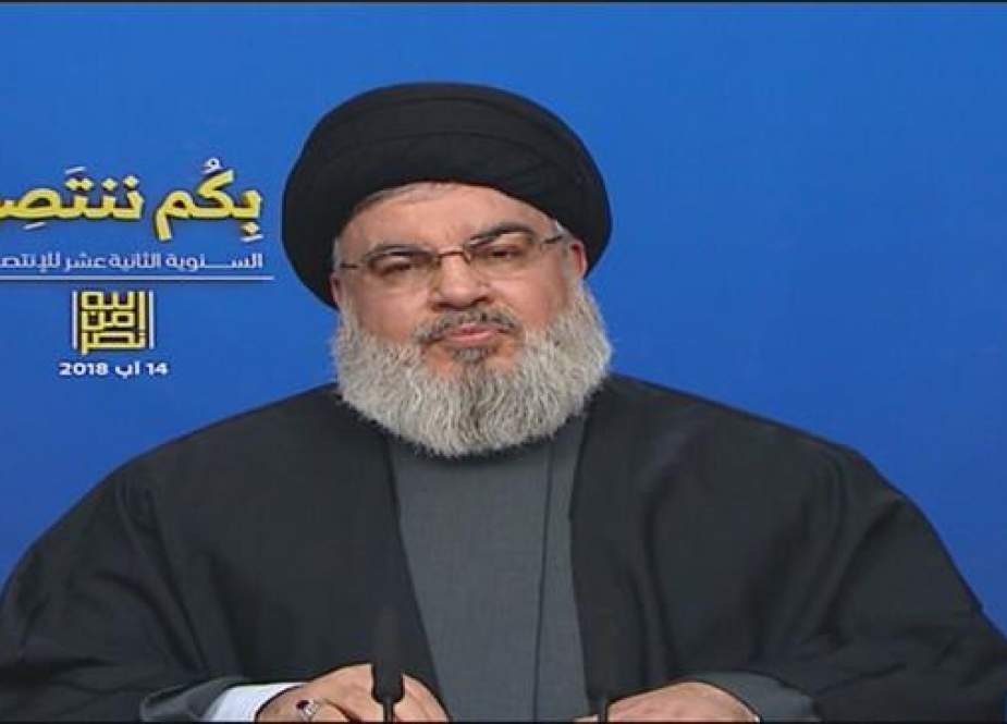 Sectary General of the Lebanese Hezbollah resistance movement, Sayyed Hassan Nasrallah, giving a speech on August 14, 2018.