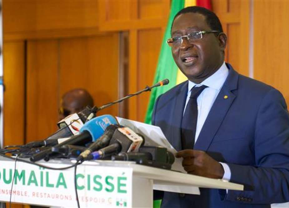 Malian opposition leader Soumaila Cisse delivers a speech during a press conference on August 17, 2018, in Bamako, on the eve of the official results of Mali