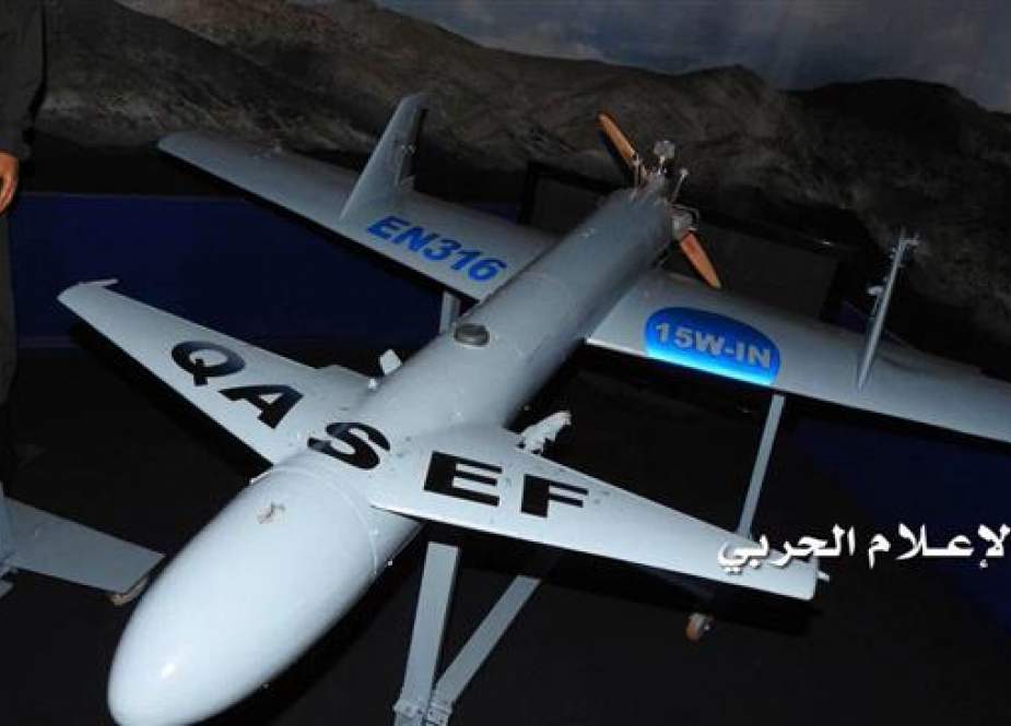 This file picture, provided by the media bureau of Yemen’s Operations Command Center, shows a domestically-designed and –manufactured Qasif-1 (Striker-1) combat drone.
