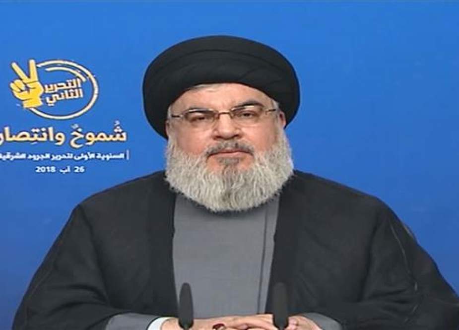 The secretary general of the Lebanese Hezbollah resistance movement, Sayyed Hassan Nasrallah, addresses his supporters via a televised speech broadcast from the Lebanese capital city of Beirut on August 26, 2018.