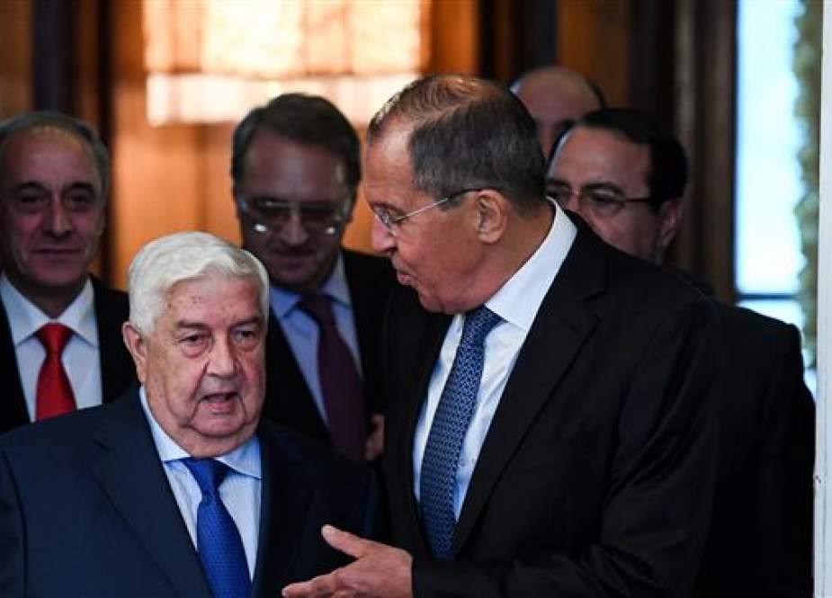 Russian Foreign Minister Sergei Lavrov welcomes his Syrian counterpart Walid Muallem