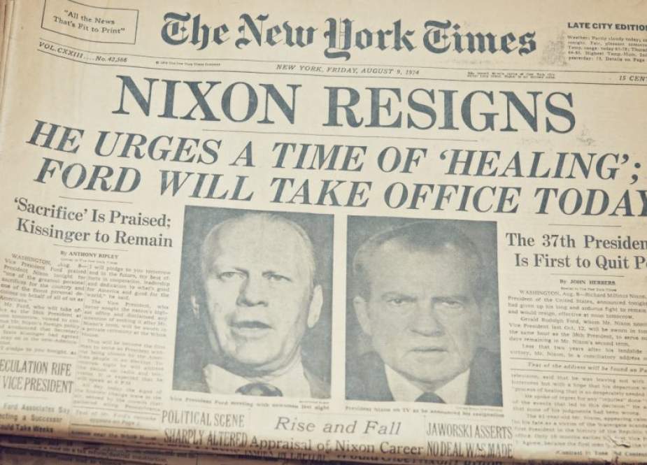 The New York Times front page, dated August 9, 1974, on President Richard Nixon