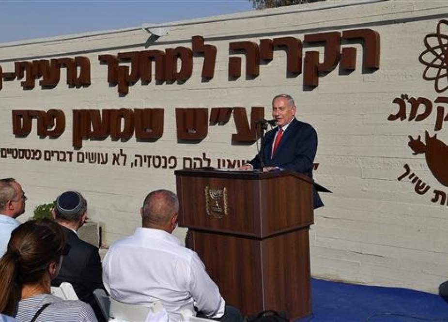 Israeli Prime Minister Benjamin Netanyahu speaks at a ceremony in the Dimona nuclear facility in the Negev Desert