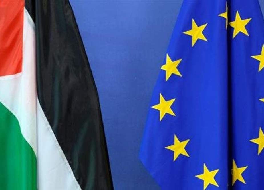 File photo shows the flags of Palestine and the European Union.