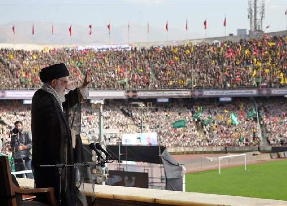 Leader of the Islamic Revolution Ayatollah Seyyed Ali Khamenei greets a large crowd of Iranian Basij volunteer forces at Azadi Stadium, Tehran, Iran, October 4, 2018. (Photo by leader.ir)