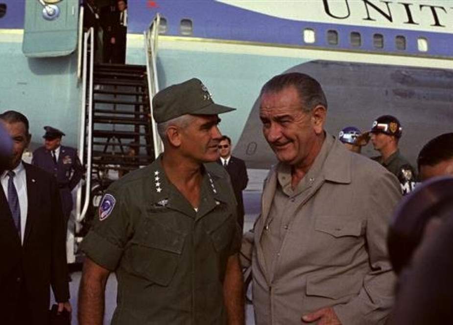Former US President Lyndon B. Johnson with Gen. William Westmoreland in South Vietnam in 1967. (Photo via The New York Times)