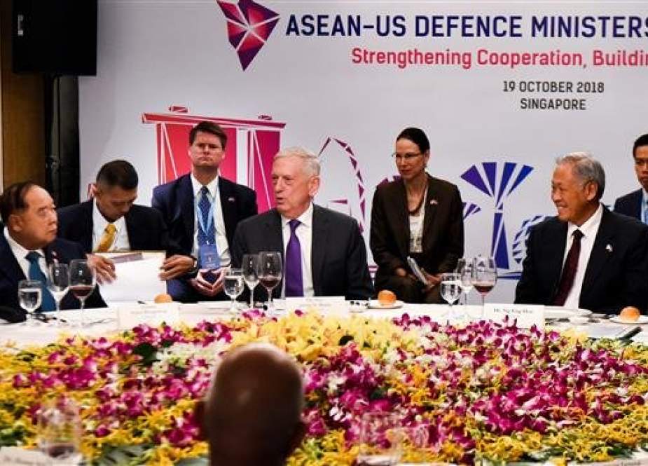 US Secretary of Defense James Mattis (C) speaks at the ASEAN-US Defense Ministers Informal meeting during the Association of Southeast Asian Nations (ASEAN) security summit in Singapore on October 19, 2018. (Photo by AFP)