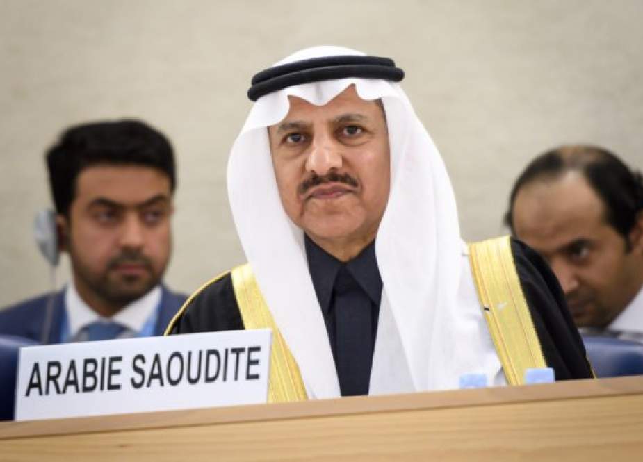 President of the Human Rights Commission of Saudi Arabia, Bandar bin Mohammed al-Aiban, delivers a speech before the UN Human Rights Council during the Universal Periodic Review on November 5, 2018 in Geneva. (Photo by AFP)