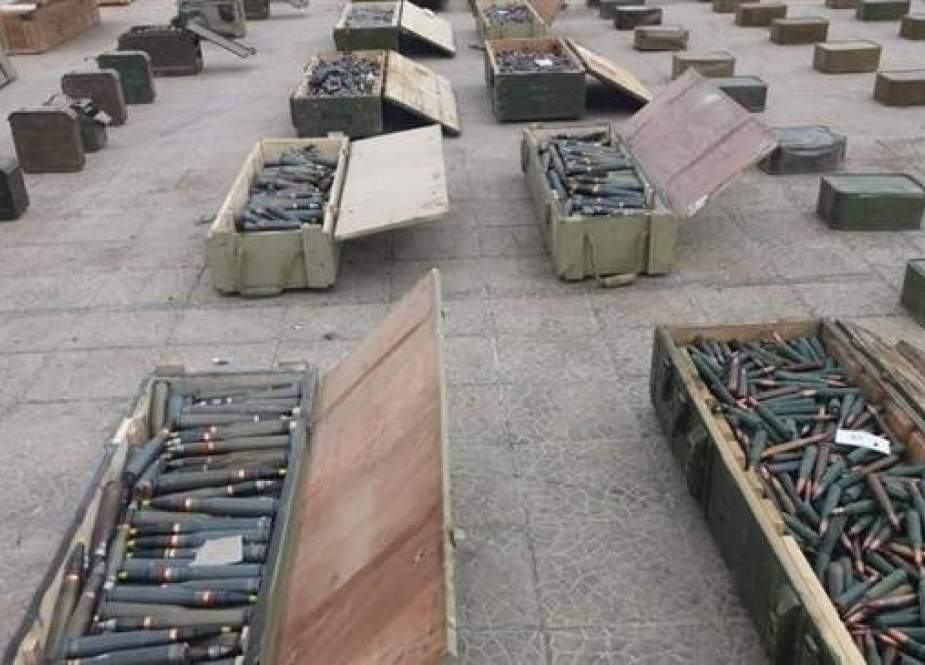 A picture taken on November 5, 2018, shows weapons seized by Syrian army forces from ex-terrorist redoubts in the southwestern towns of Beit Jinn and Jubata al-Khashab. (Photo by SANA news agency)