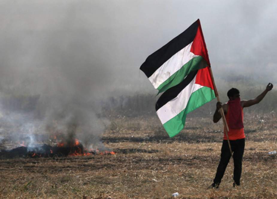 A protester holding Palestinian flags gestures during protest at Gaza border.jpg