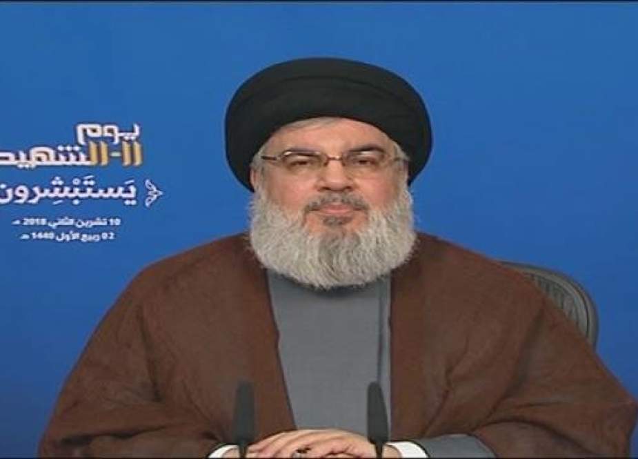 The secretary general of the Lebanese Hezbollah resistance movement, Sayyed Hassan Nasrallah, addresses his supporters via a televised speech broadcast from the Lebanese capital Beirut on November 10, 2018.