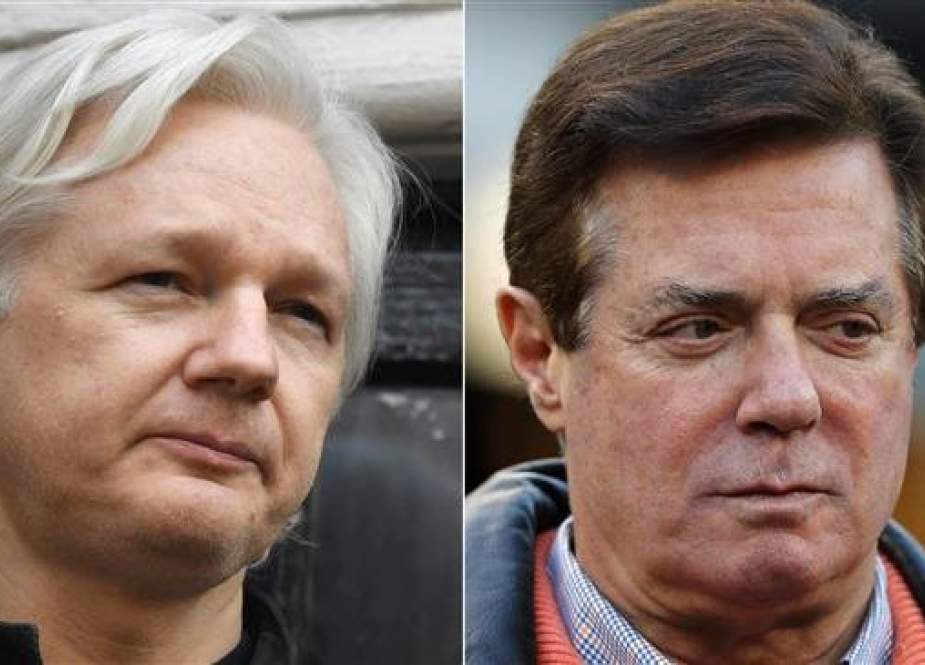 This combination of pictures created on November 27, 2018 shows a file photo taken on May 19, 2017 of Wikileaks founder Julian Assange(L) at the Embassy of Ecuador in London, and former Donald Trump presidential campaign manager Paul Manafort at Yankee Stadium on October 17, 2017 in New York. (Photo by AFP)