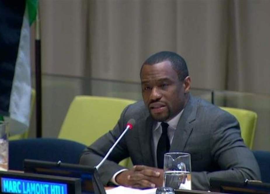 Political commentator Marc Lamont Hill giving a pro-Palestine speech at the UN on Nov. 28, 2018