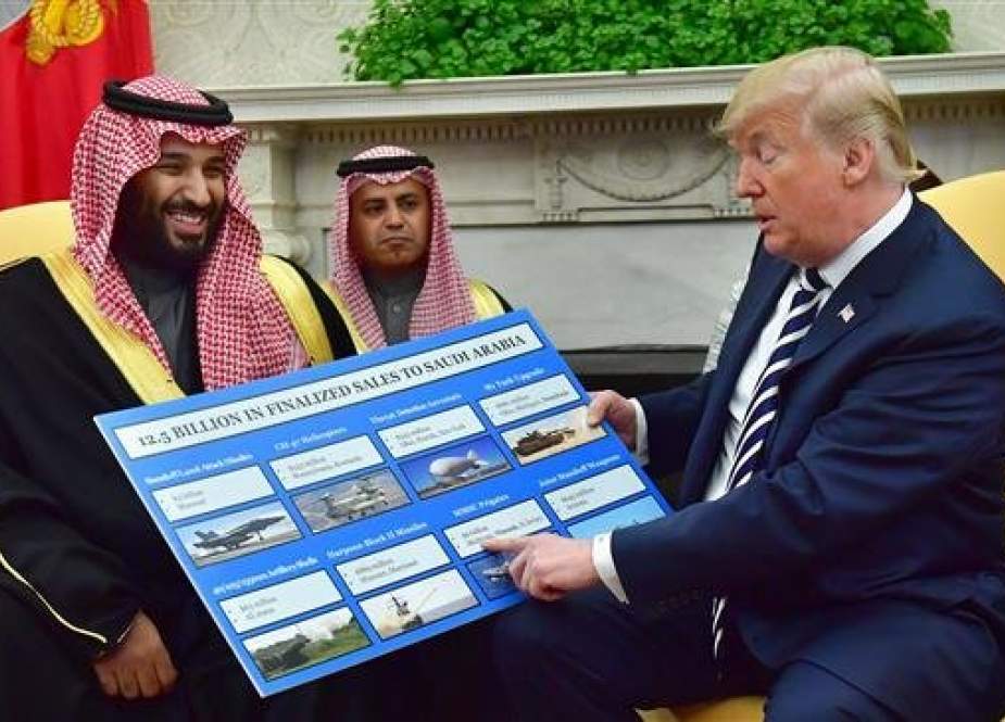 US President Donald Trump (R) holds up a chart of military sales to Saudi Arabia during an Oval Office meeting with Saudi Crown Prince Mohammed bin Salman in Washington, March 20, 2018.