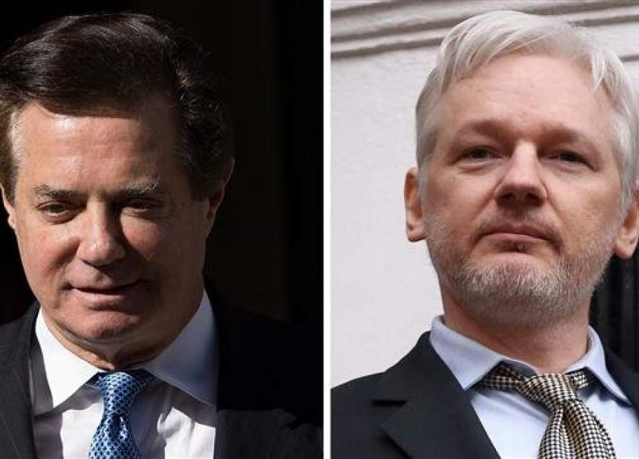 Former Trump campiagn chairman Paul Manafort (L) and WikiLeaks founder Julian Assange