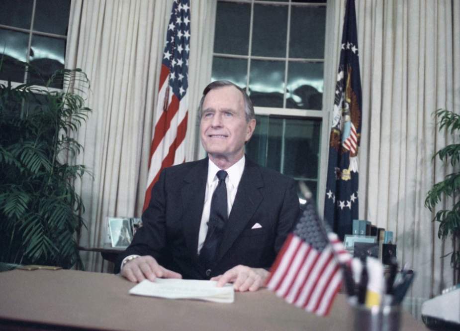 President George H.W. Bush addresses the nation from the Oval Office on Jan. 16, 1991, after U.S. forces began military action against Iraq, code-named Operation Desert Storm.
