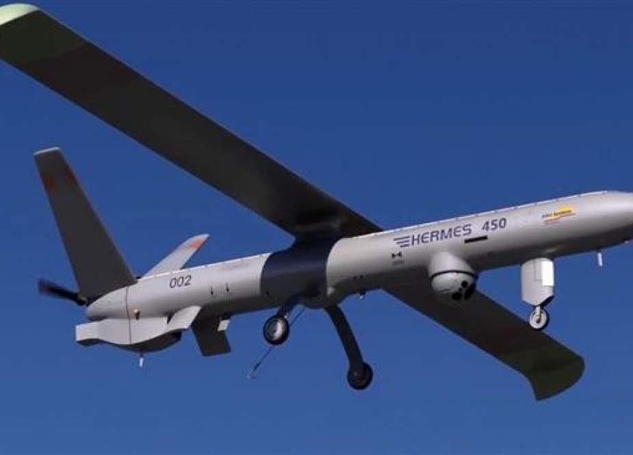 This file picture shows an Israeli Elbit Hermes 450 medium-size long-endurance drone in flight.