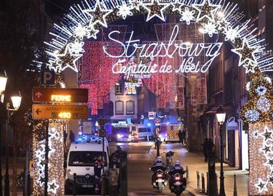 Police motorcycles drive in a central street of Strasbourg, eastern France, after a shooting attack, on December 11, 2018. (Photo by AFP)