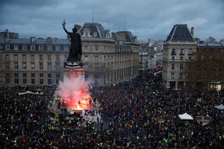 A view of the Place de la Republique as protesters wearing yellow vests gather during a national day of protest by the 