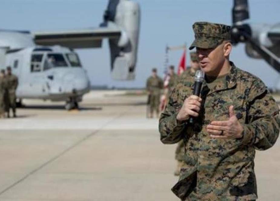 US Marines Colonel Adam L. Chalkley, commanding officer of Special Purpose Marine Air-Ground Task Force-Crisis Response-Africa offering remarks during a transfer of authority ceremony for SPMAGTF-CR-AF at Morón Air Base, Spain, March 21, 2018. (File photo)