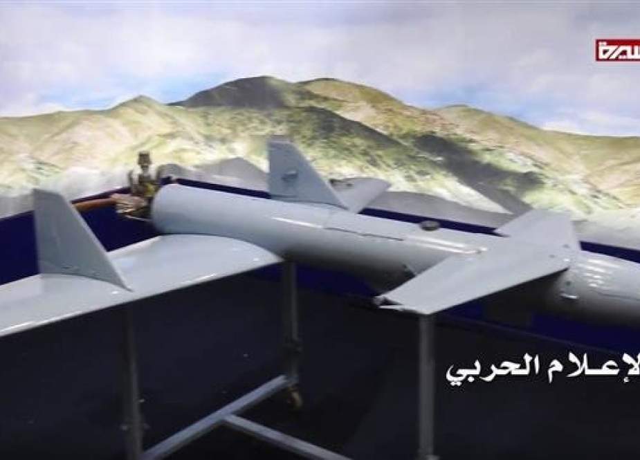 This file picture, provided by the media bureau of Yemen’s Operations Command Center, shows a Qasef-1 (Striker-1) combat drone on display in the Yemeni capital city of Sana’a.