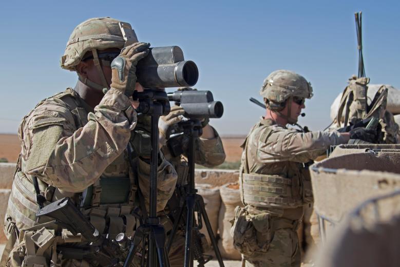 U.S. Soldiers surveil the area during a combined joint patrol in Manbij, November 1, 2018.