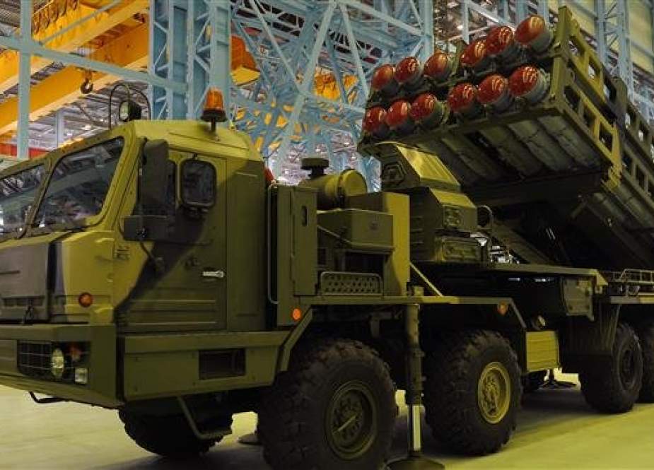 This file photo shows a 50P6 missile launcher of the S-350E system at 2013 MAKS international air show in Russia.