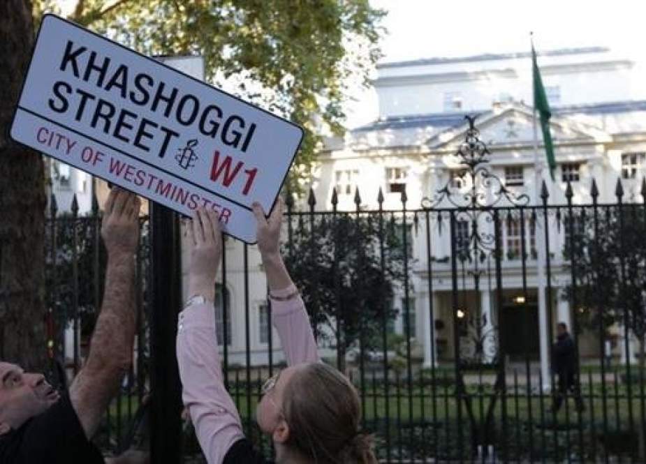 Activists with UK-based Amnesty International renamed the road outside the Saudi Arabian embassy in London after murdered dissing journalist Jamal Khashoggi. (AFP file photo)