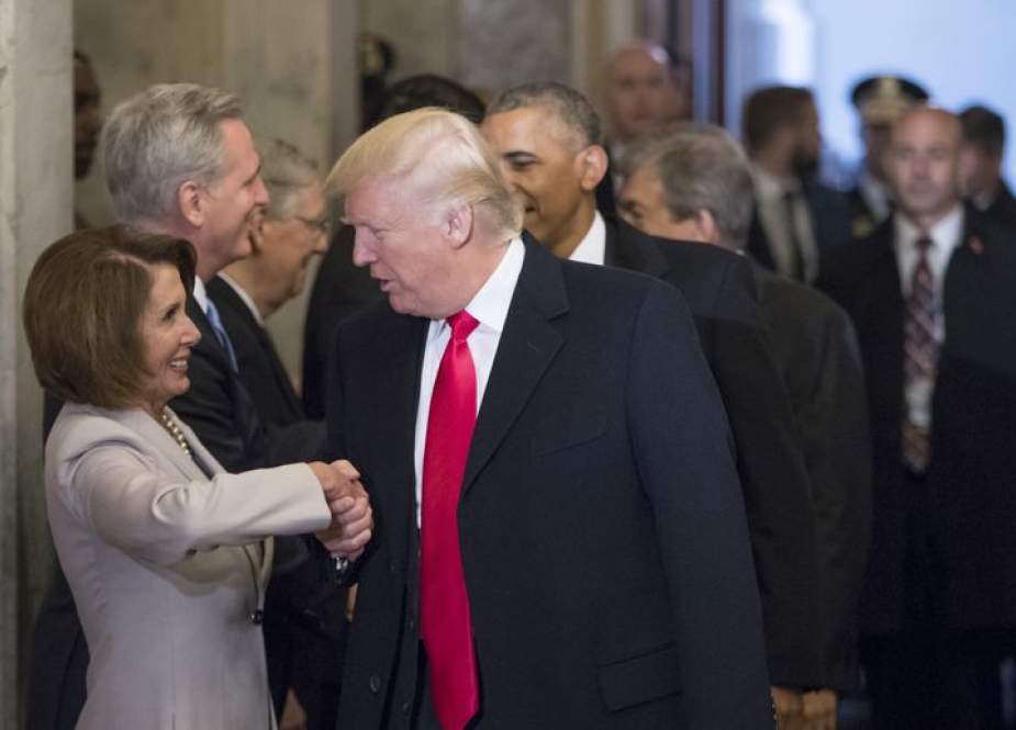 President-elect Donald Trump greets House Minority Leader Nancy Pelosi of Calif.