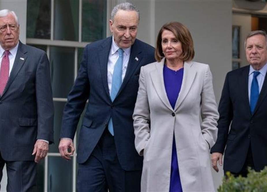 House Speaker Nancy Pelosi (2nd-R), D-CA; Senate Minority Leader Chuck Schumer (2nd-L) D-NY; Rep. Steny Hoyer (L), D-MD; and Senator Dick Durbin (R), D-IL, exit the White House after meeting with US president Donald Trump to discuss the partial government shutdown, January 4, 2019 in Washington, DC. (Photo by AFP)