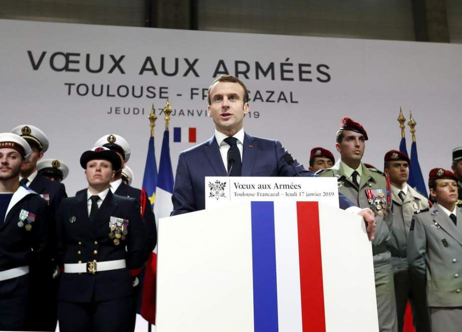 French President Emmanuel Macron speaks at a military base near the French city of Toulouse, on January 17, 2019. (Photo by AFP)
