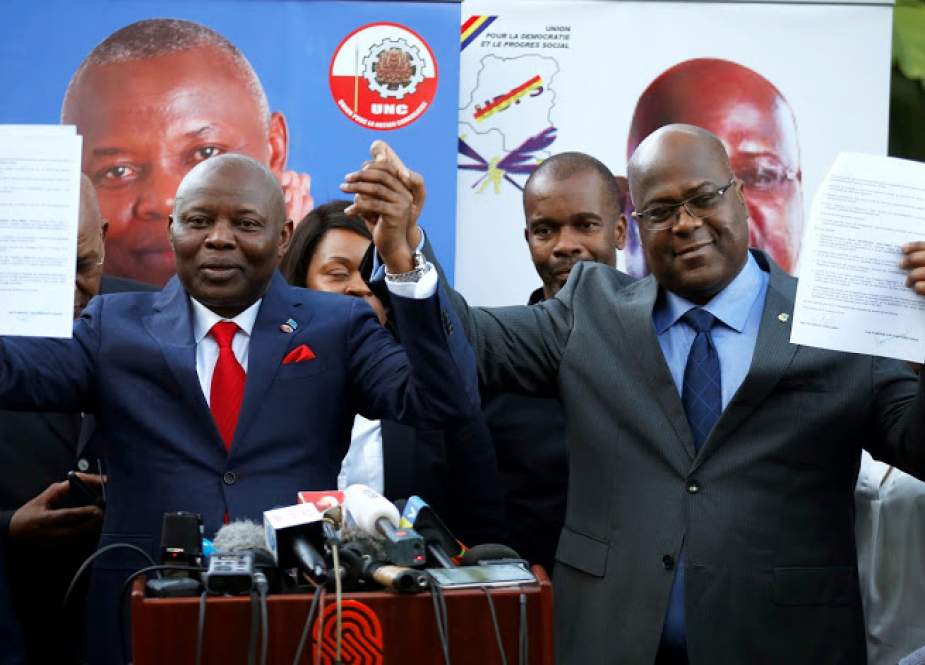 Vital Kamerhe, leader of the UNC party, endorses Felix Tshisekedi (R), leader of Congolese main opposition, at a news conference in Nairobi, Kenya, November 23, 2018.