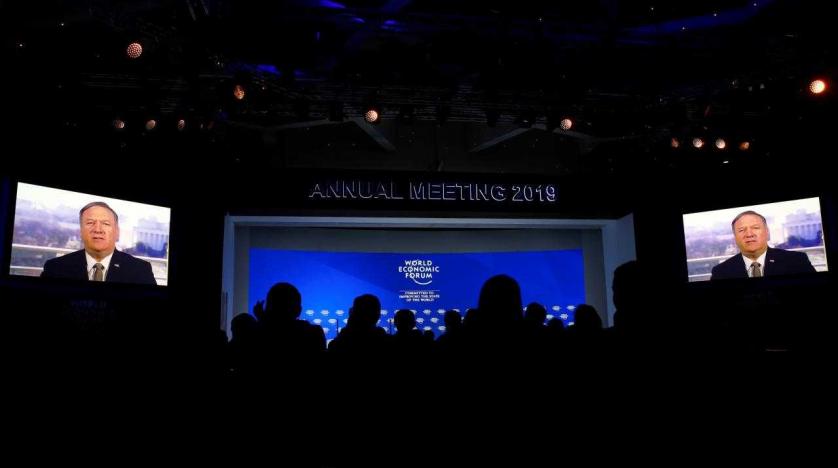 US Secretary of State Mike Pompeo is seen on screens during his address via satellite at the World Economic Forum (WEF) annual meeting, in Davos, eastern Switzerland, on January 22, 2019. (Photo by AFP)