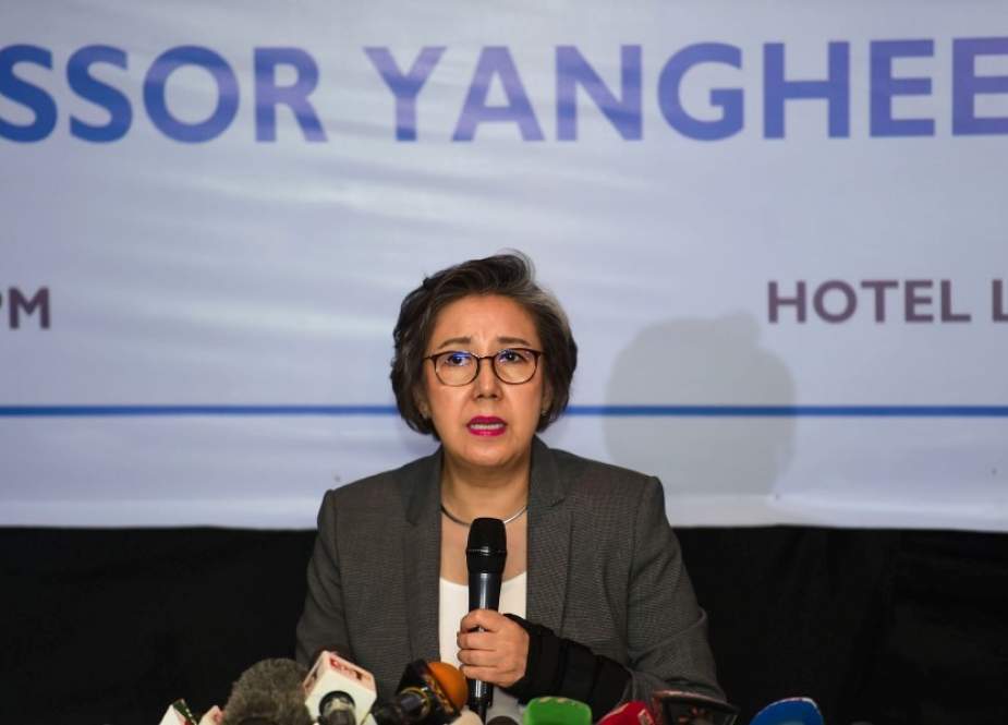United Nations Special Rapporteur on the situation of human rights in Myanmar and university professor Yanghee Lee speaks during a press conference in Dhaka on Jan 25, 2019.