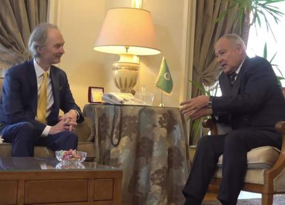 Secretary-General of the Arab League Ahmed Aboul Gheit (R), meets with the United Nations’ new envoy to Syria, Geir Pedersen, in Cairo, Egypt, on January 27, 2019.